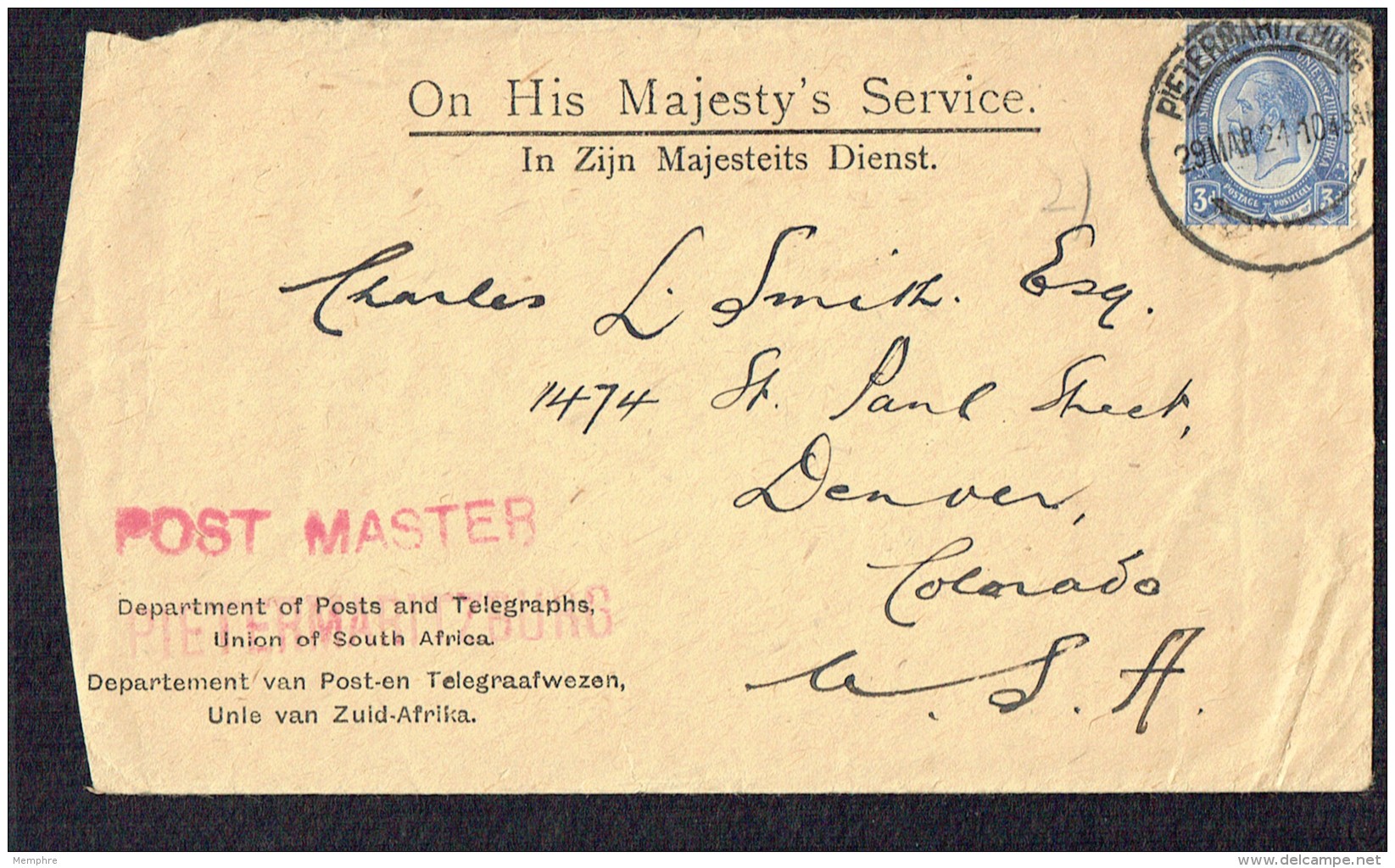 1924  OHMS Letter To USA  George V 3d. SG 9 - Storia Postale