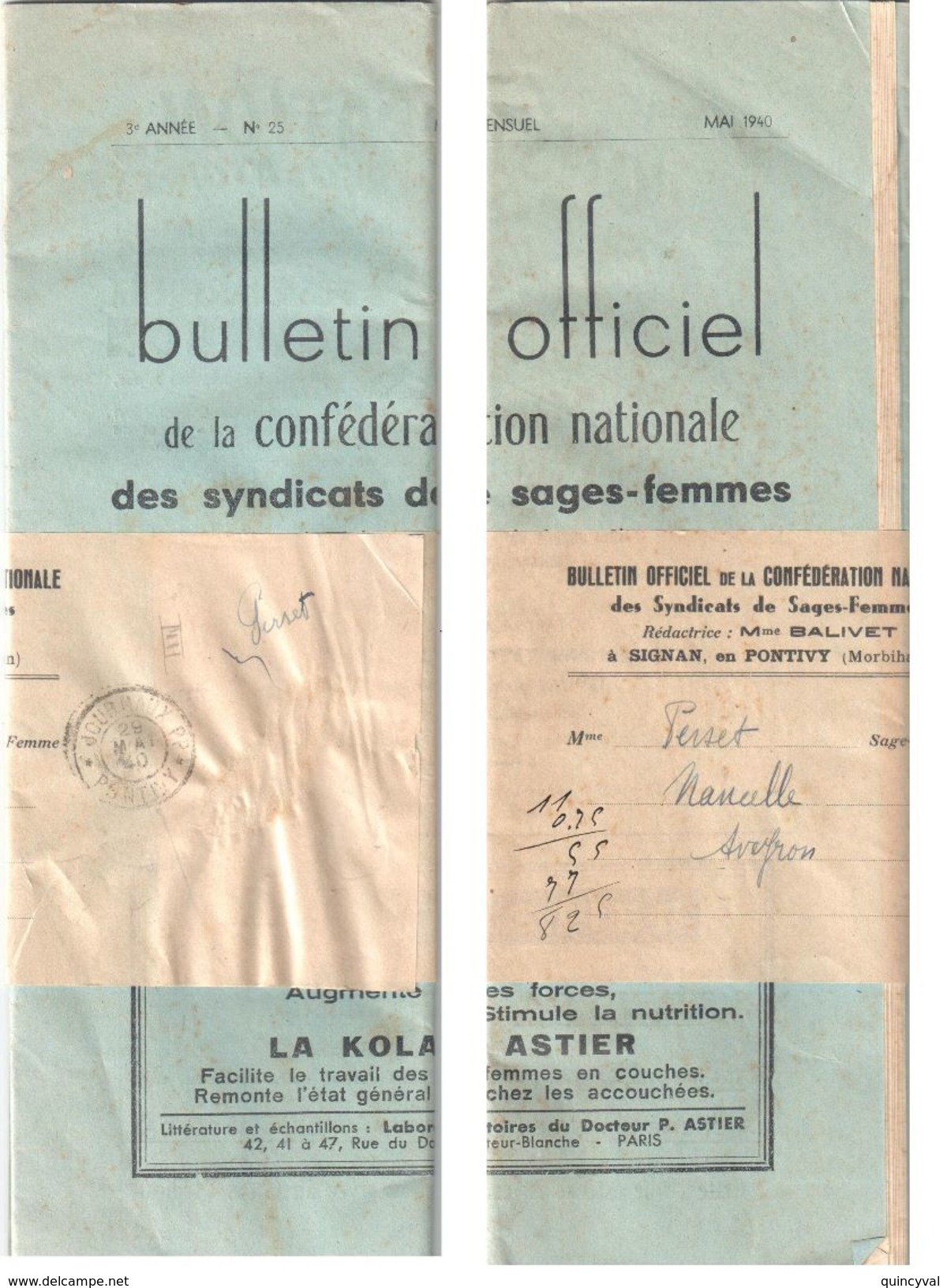 4142 PONTIVY JOURNAUX PP Journal Entier Avec Bande EntièreType 84 Ob 29 5 1940 Bulletin Officiel Sages Femmes - Cachets Manuels