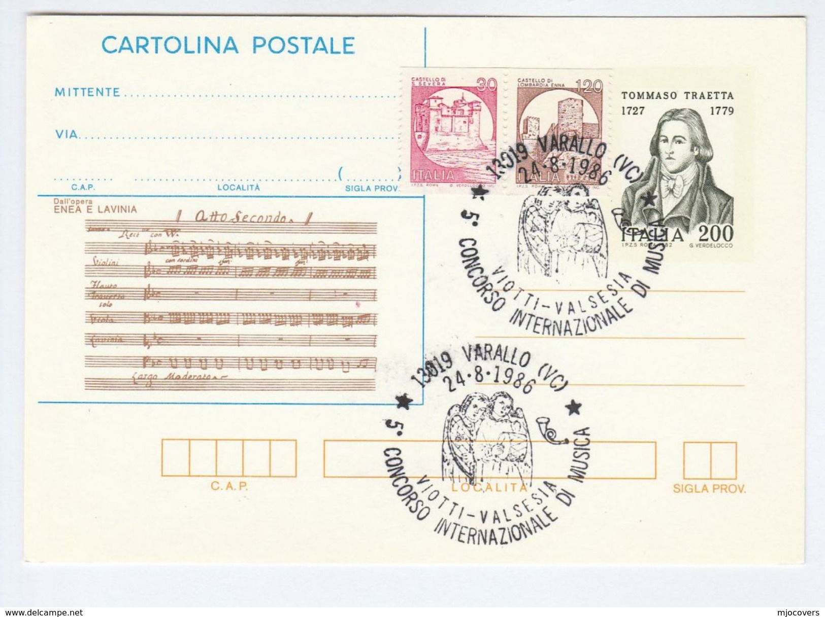 1986 Varallo VIOTTI VALSESIA International MUSIC COMPETITION EVENT COVER Postal Stationery TRAETTA Stamps Italy Card - Musica