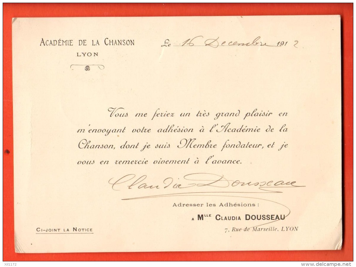 NEP-10 Document De La Présidente De L'Académie De La Chanson Rue De Marseille à Lyon , En 1912, Format CPSM - Non Classés