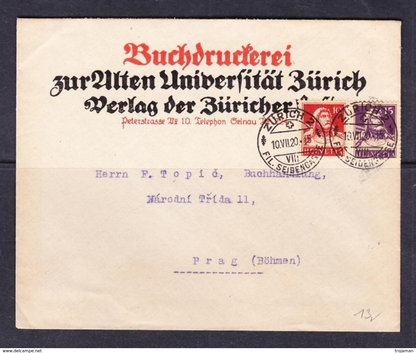 SC13-47 LETTER FROM ZURICH TO PRAHA. 1920 YEAR. - Covers & Documents