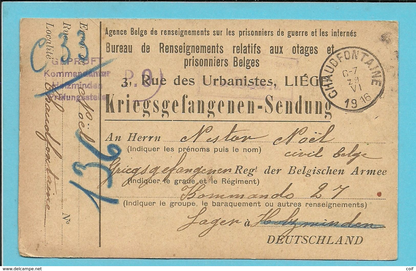 Kriegsgefangenensendung Met Stempel CHAUDFONTAINE Naar HOLZMINDEN - Prisonniers