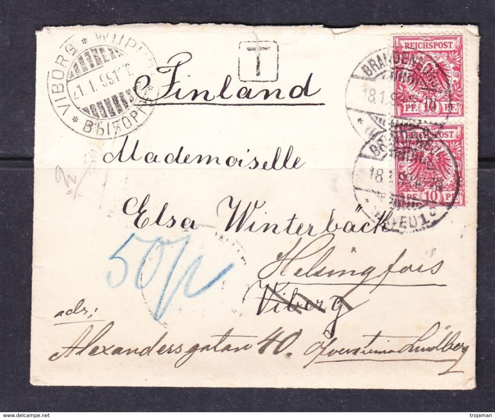 SC13-61 LETTER FROM GERMANY TO VIBORG, FINLAND AND LATER GOING TO HELSIGFORS. TAXE MARK. - Briefe U. Dokumente