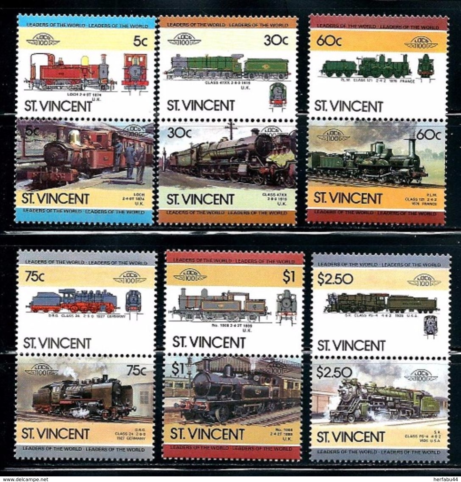 St. Vincent     Locomotives Of UK    Set (6 Pair)   SC# 849-54 MNH** - St.Vincent (1979-...)