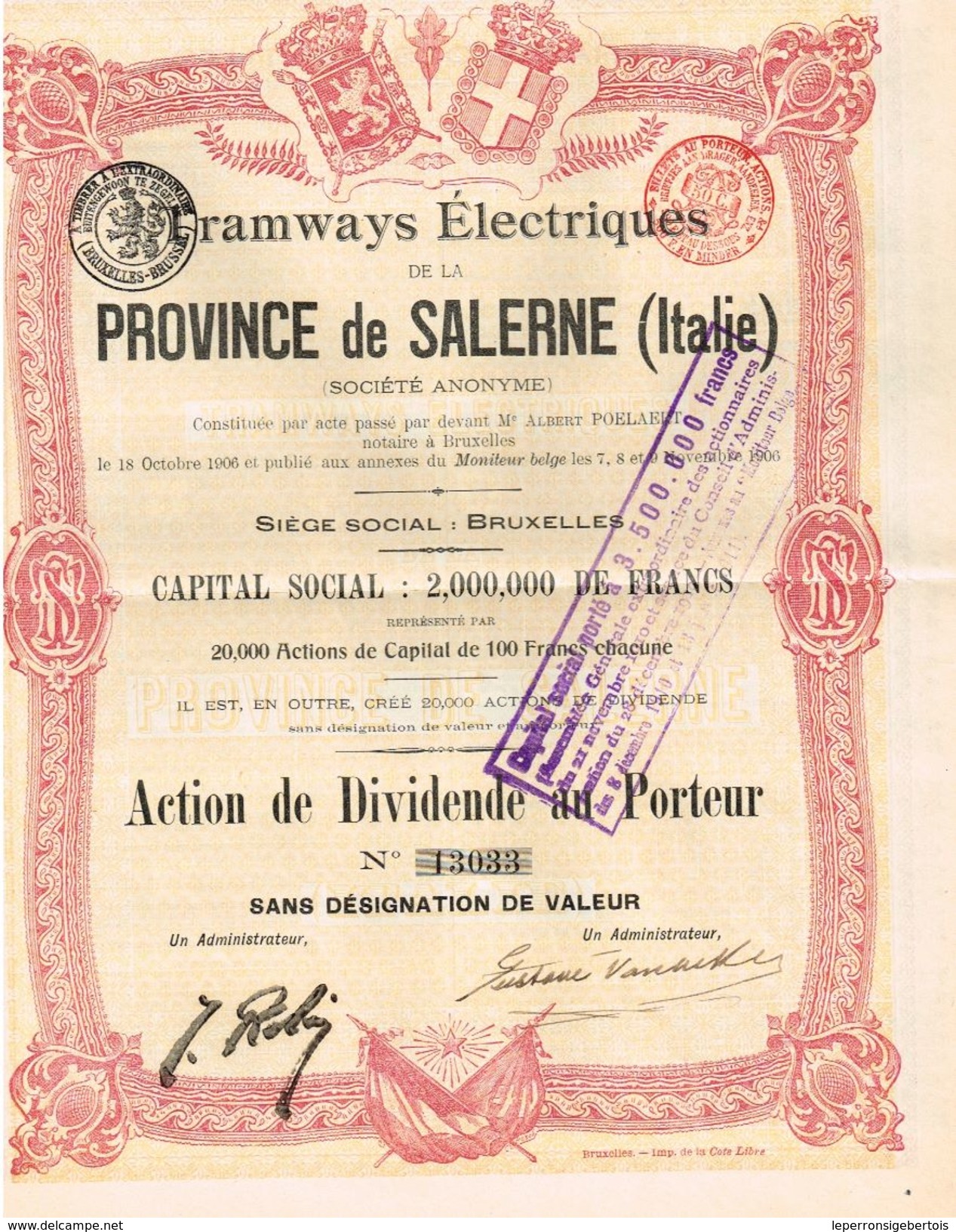 Action Ancienne - Tramways Electriques De La Province De Salerne - Titre De 1906 - - Spoorwegen En Trams