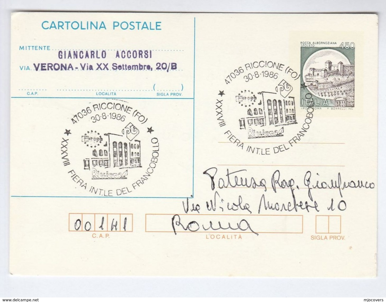 1986 RICCIONE International STAMP FAIR EVENT COVER Postal Stationery Card Italy Philatelic Exhibition Europa Castle - Interi Postali