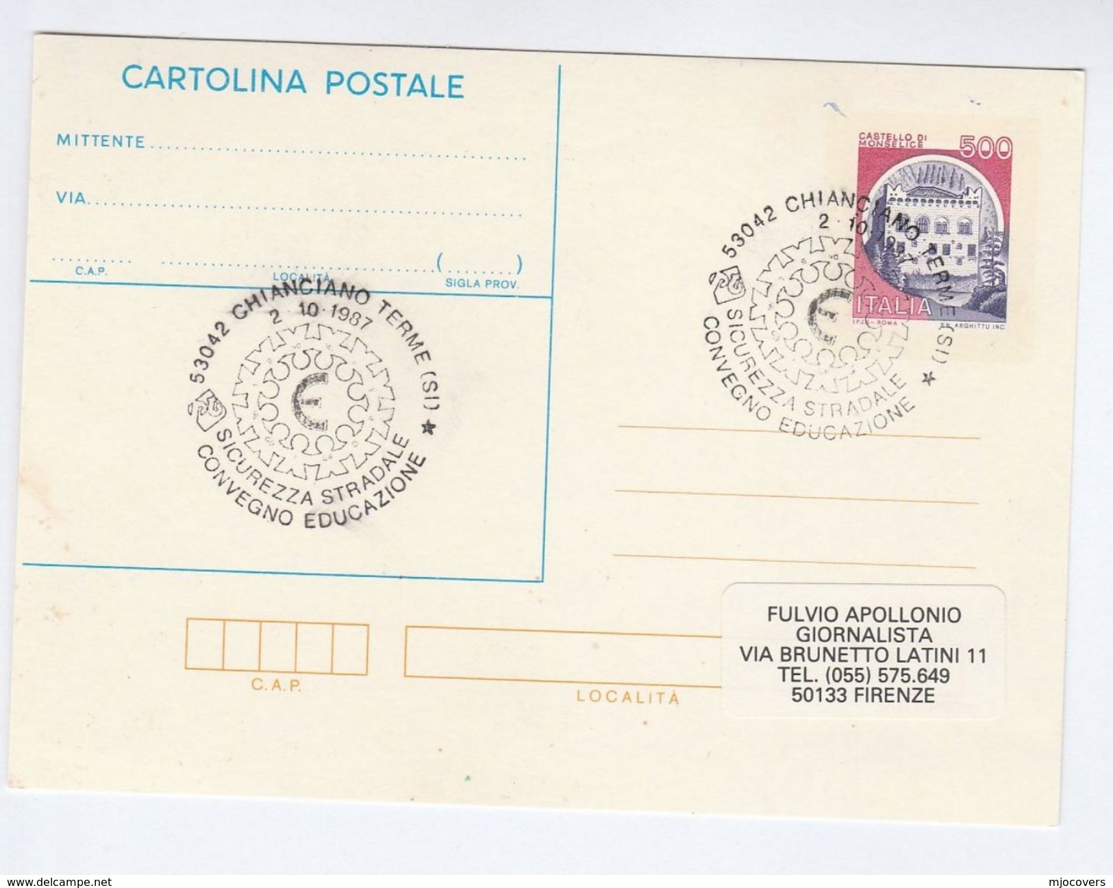 1987 Chianciano ROAD SAFETY EDUCATION Convention EVENT COVER Postal Stationery Card Italy Stamps - Ongevallen & Veiligheid Op De Weg