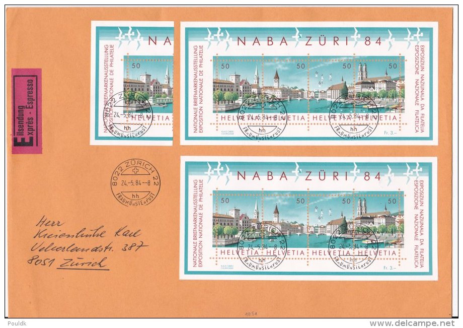 Switzerland Expres Cover Posted Zürich Fraumünsterpost 1984 Franked W/ 1984 NABA Souvenir Sheets (LAR6-7) - Briefmarkenausstellungen