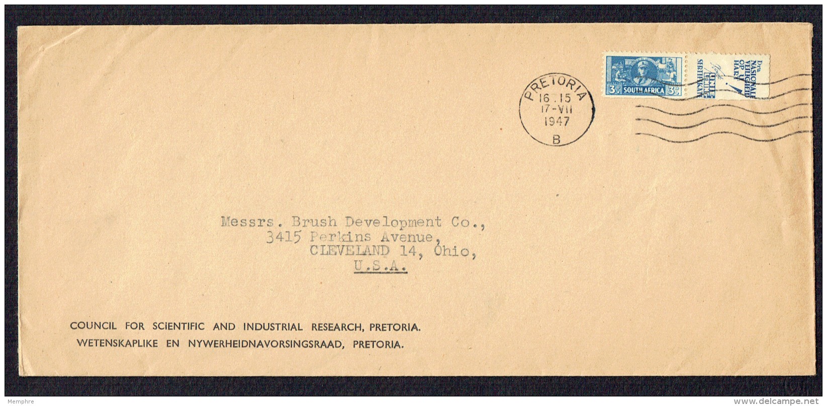 1947  Letter To USA  Women's Auxiliary English Single With Attached Afrikaans Label SG 101 - Briefe U. Dokumente