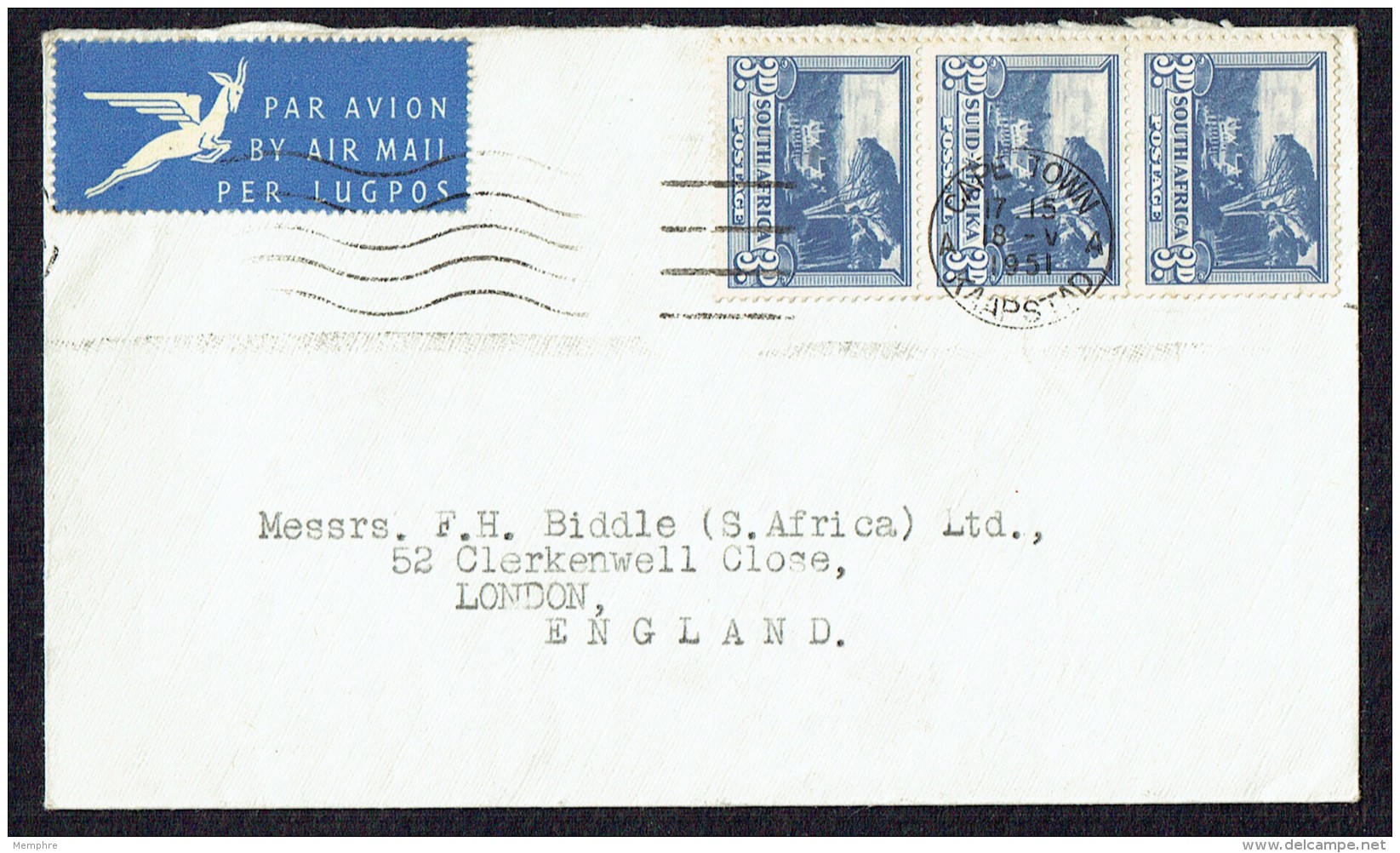 1951 Air Mail Letter To UK  3d. Groot Schuur SG 117 Strip Of 3 - Briefe U. Dokumente