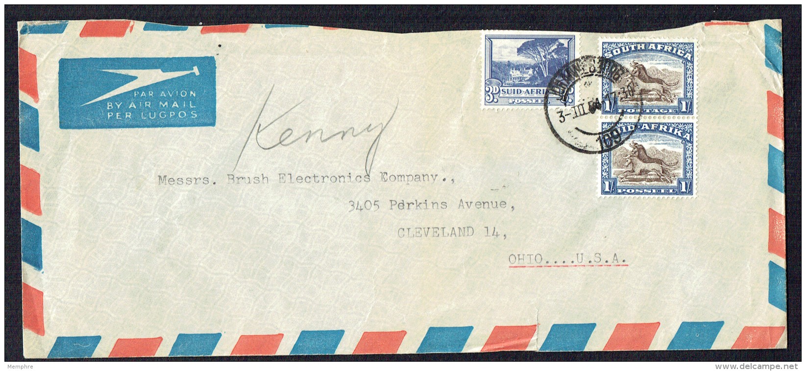 1954 Letter To USA   1/- Wildebeest SG SG 62 Vertical Pair - Storia Postale