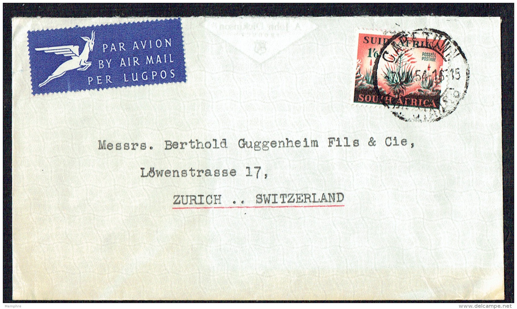 1954 Air Mail Letter To Switzerland  1/6 Aloes SG 148 - Covers & Documents
