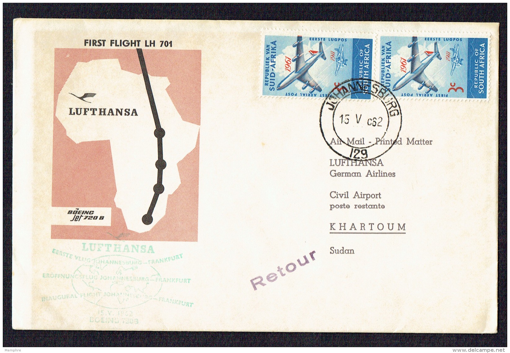 1962  Lufthansa First Flight  Johannesburg To Khartoum   SG 220 Pair - Covers & Documents