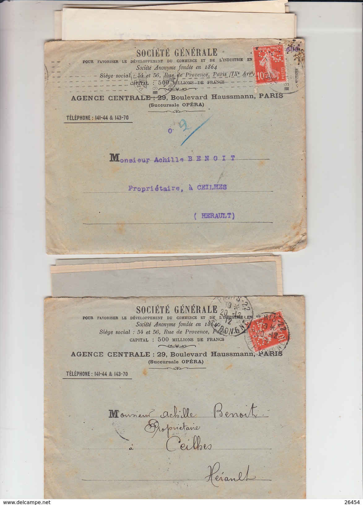 Lot De 2 SEMEUSE  PERFOREE 10c Rge Sur  Lettre + Envel PUB De PARIS  " STE GENERALE " 1912 Et 1913  Pour CEILHES Herault - Autres & Non Classés