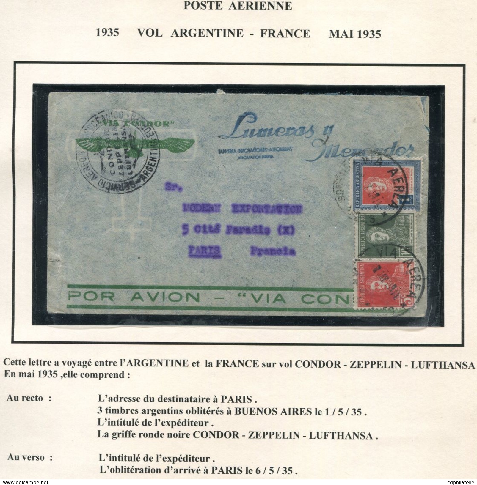 ARGENTINE LETTRE PAR CONDOR-ZEPPELIN-LUFTHANSA DEPART BUENOS AIRES 1-5-35 POUR LA FRANCE - Luftpost