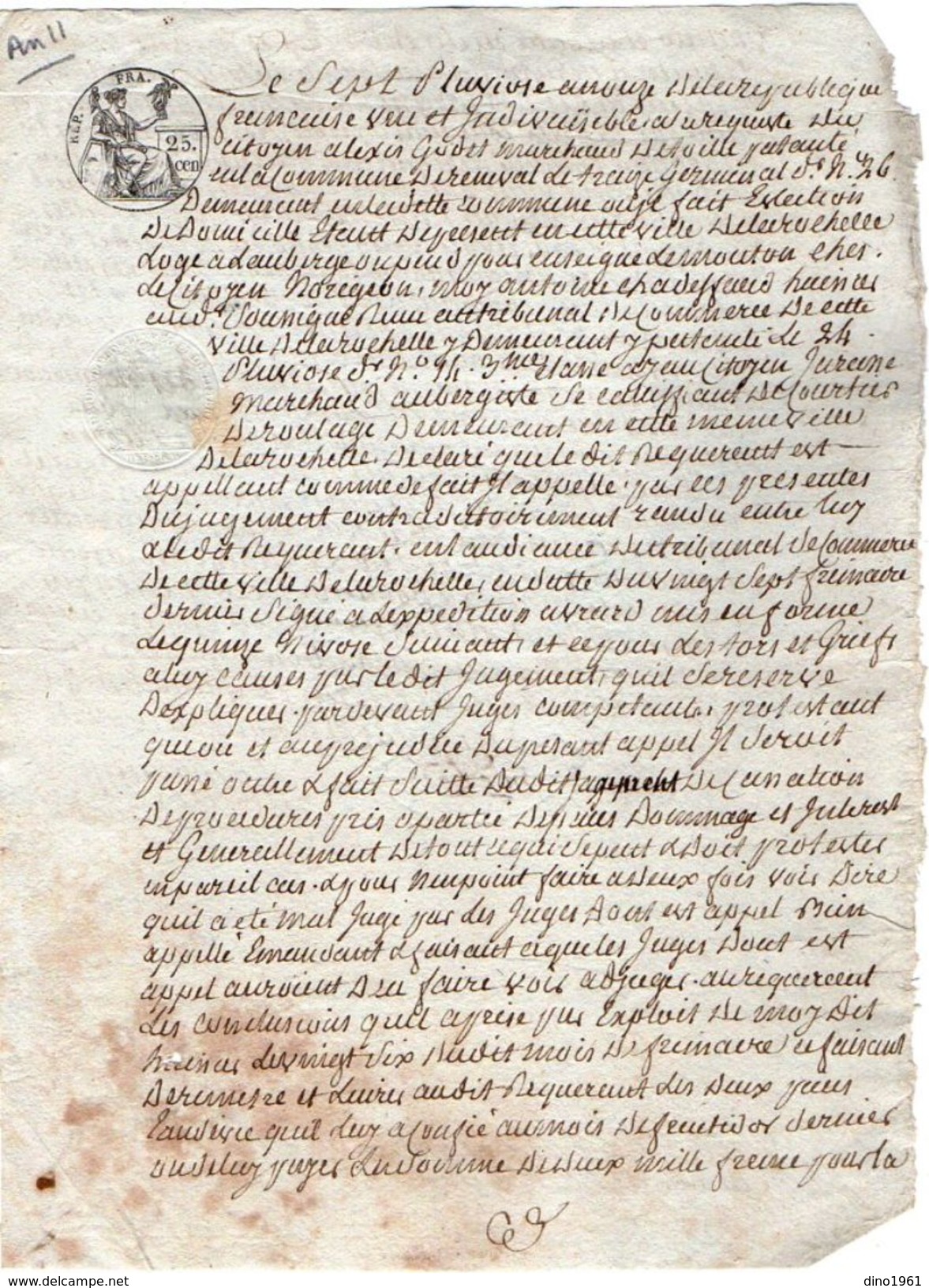 VP11.019 - Révolution Française - Acte An 11 Concernant Le Citoyen JUREINE Marchand Aubergiste à LA ROCHELLE - Manuscrits