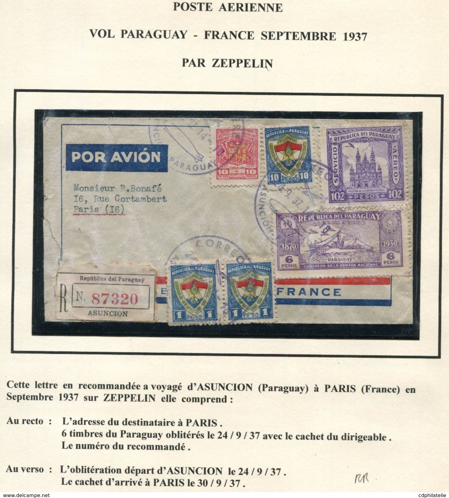 PARAGUAY LETTRE RECOMMANDEE PAR ZEPPELIN DEPART ASUNCION 24-9-37 POUR LA FRANCE - Paraguay