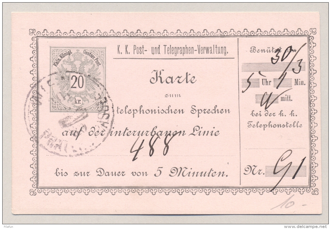 Österreich - 1889 - 20 Kr Telephon Karte Mi TK5 Used Wien Praterstrasse - Sonstige & Ohne Zuordnung