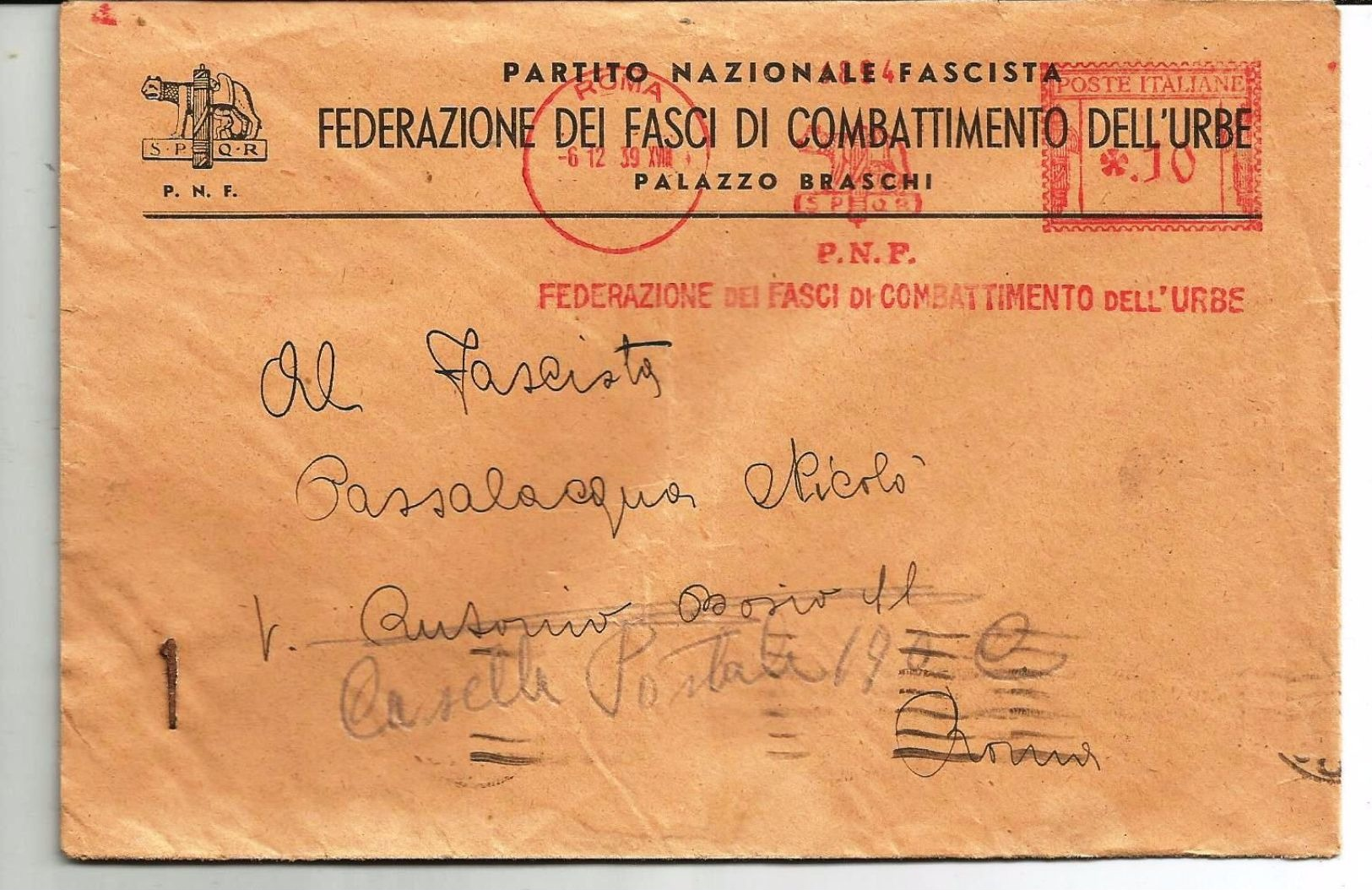 AFFRANCATURA MECCANICA ROSSA-FEDERAZIONE FASCI COMBATTIMENTO DEL'URBE 1939 - Storia Postale