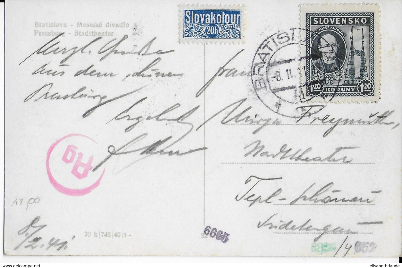 SLOVAQUIE - 1941 - CP De BRATISLAVA Avec TIMBRE SLOVAKOTOUR BLEU => TEPLITZ SCHÖNAU (SUDETES) - Lettres & Documents