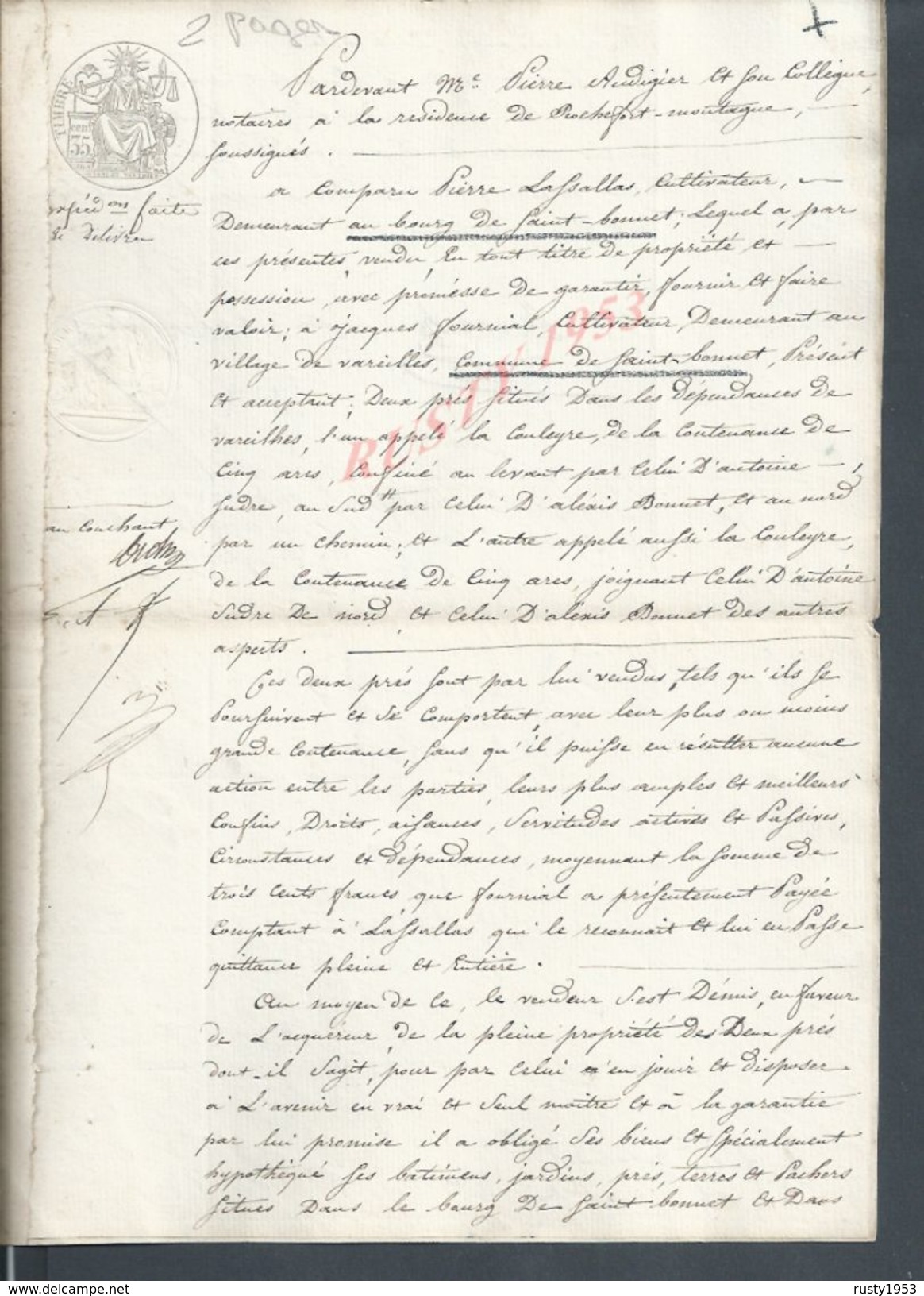 SAINT BONNET 1852 ACTE VENTE DE 2 PRES POUR JACQUE FOURNIAL CONTRE PIERRE LAFSALLAS 2 PAGES : - Manuscrits