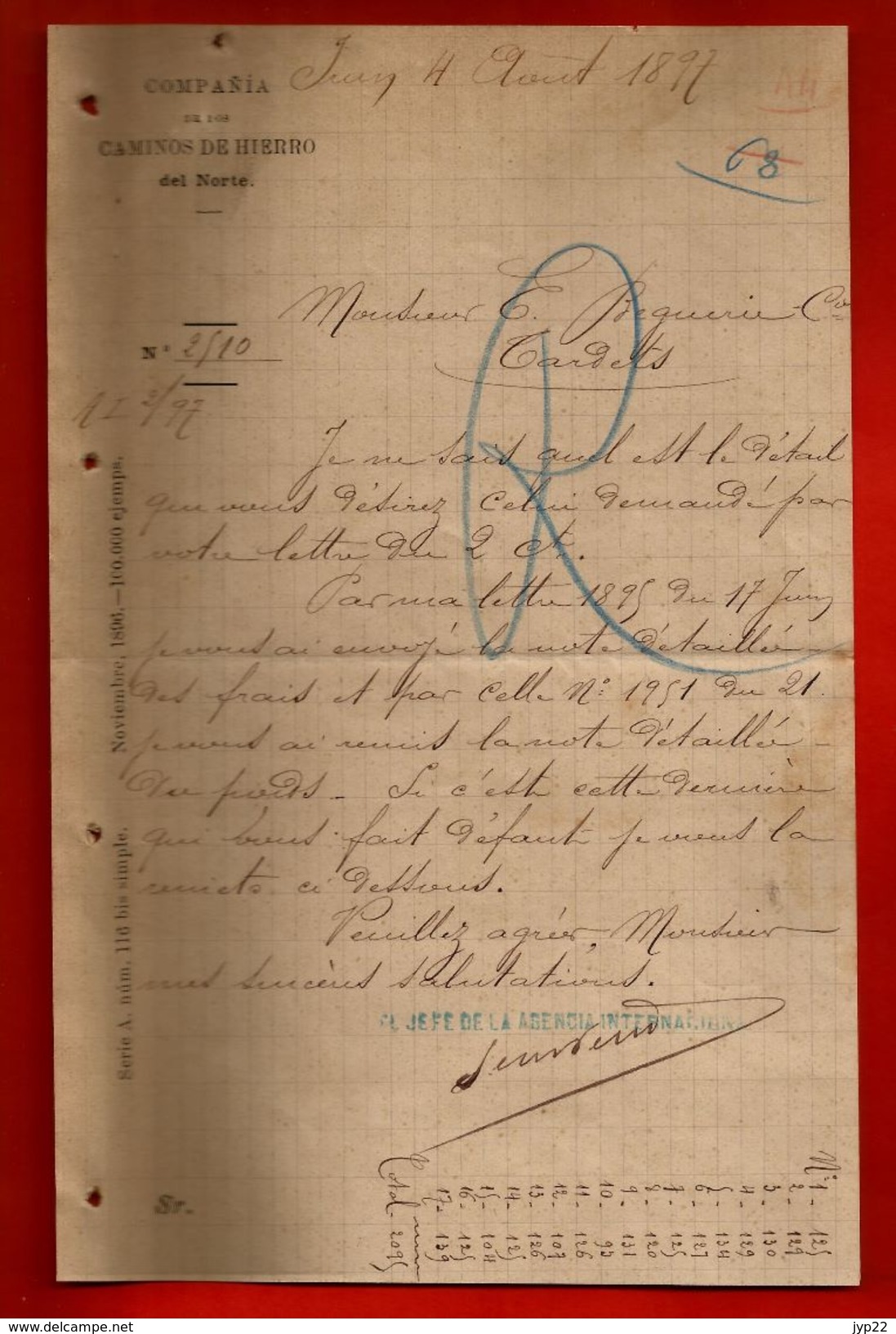 Courrier Espagne Compania De Los Caminos De Hierro Del Norte Irun 4-08-1897 - écrit En Français Pour M Béguerie Tardets - Espagne