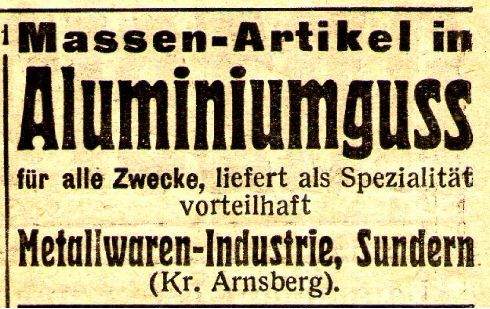 Original-Werbung/ Anzeige 1912 - ALUMINIUMGUSS / METALLWAREN INDUSTRIE SUNDERN - Ca.  45 X 30  Mm - Publicités