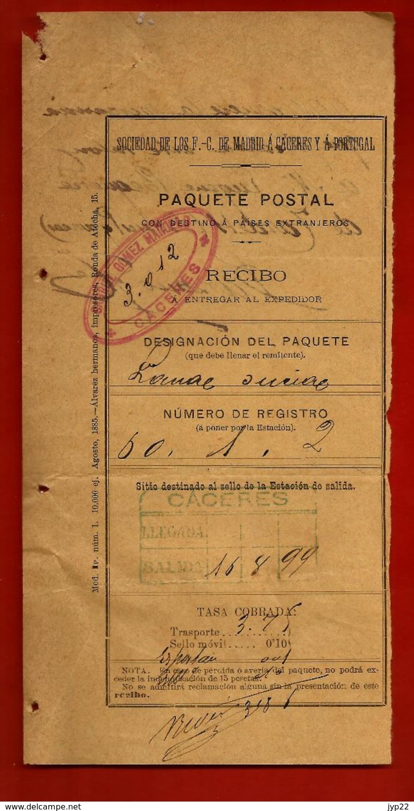 Courrier Espagne Sociedad De Los F-C Madrid à Cacéres Gabriel Gomez Maroelo ? 16-08-1899 - Signé Barzano - Espagne