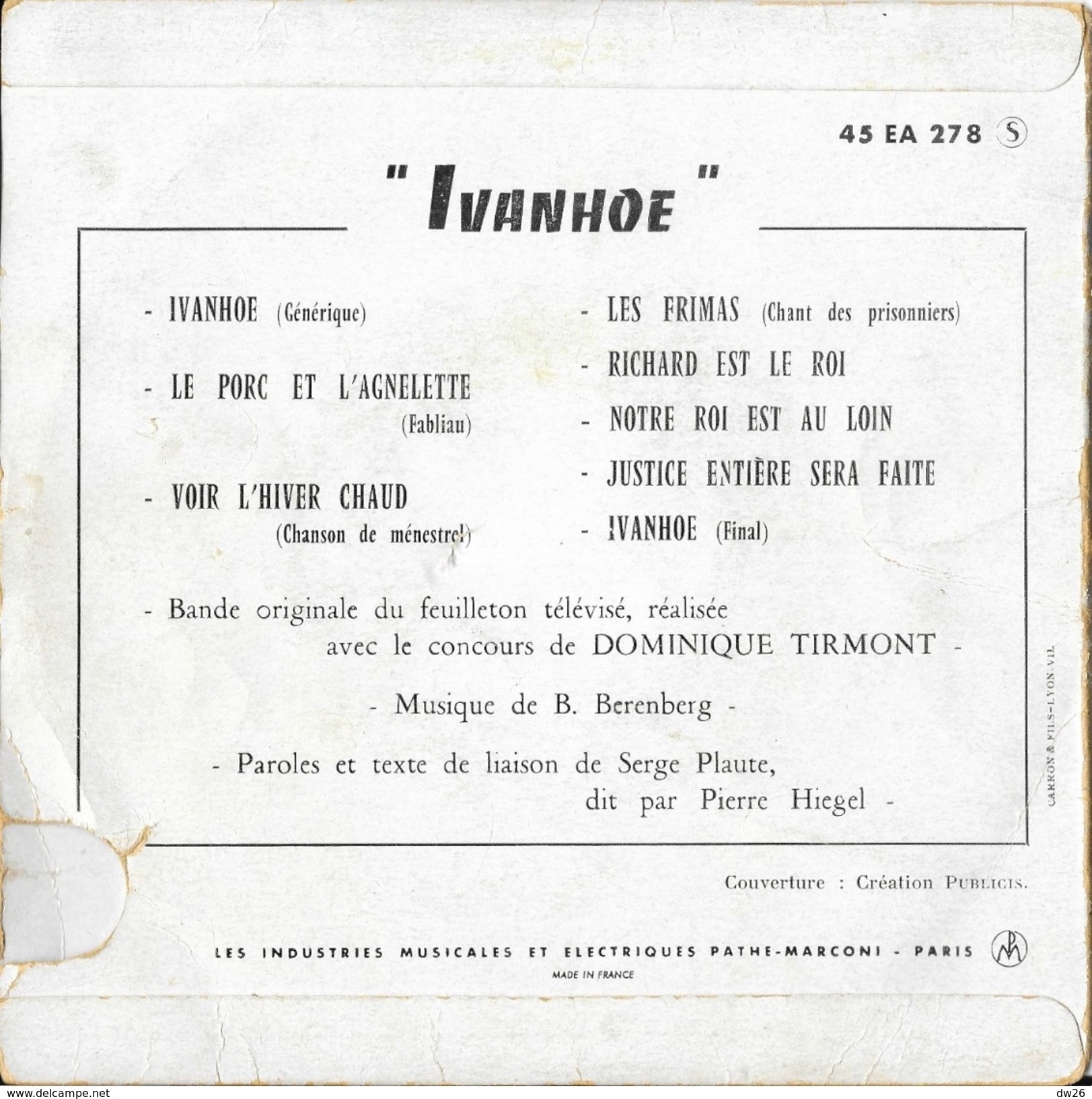 Disque 45 T Pathé: Ivanhoe (feuilleton Télévisé 1958) - Photo Roger Moore - Música De Peliculas