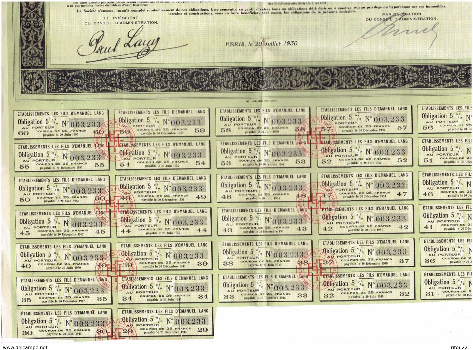 OBLIGATION De Mille Francs - Etablissements LES FILS D'EMANUEL LANG Paris - 1930 - Coupons - Textil