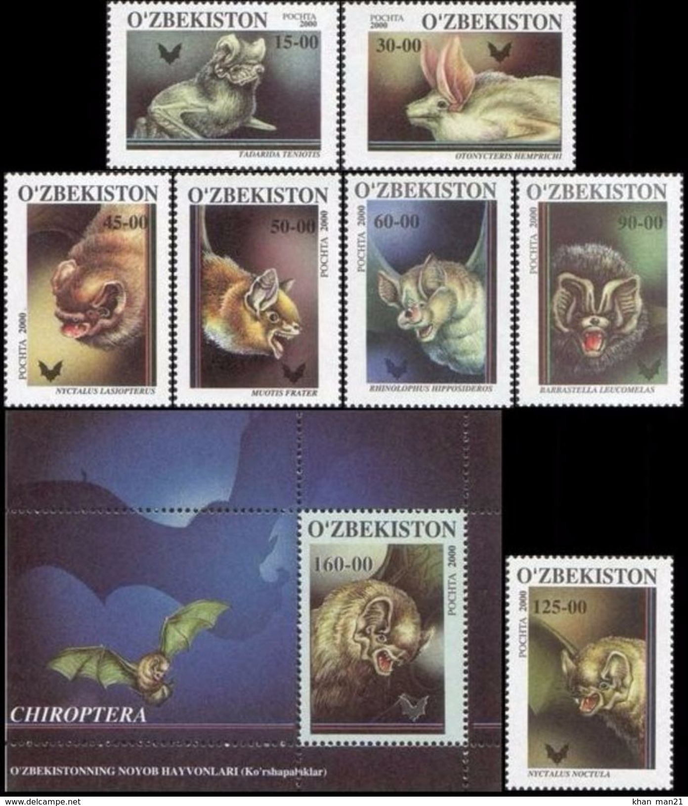 Uzbekistan, 2000, Mi. 266-273 (bl. 26), Sc. 219-26, Bats, MNH - Uzbekistan