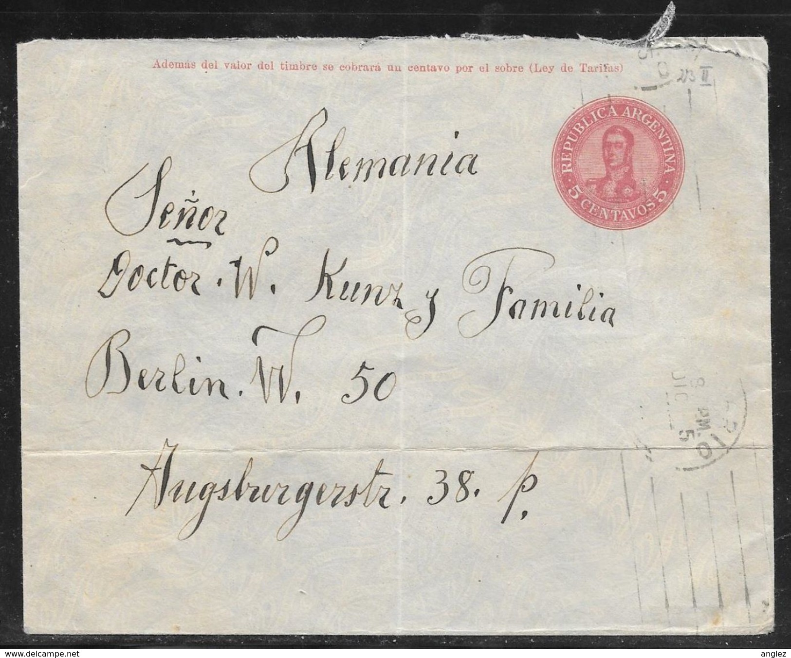 Argentina - 5 Cent Stationery Envelope - Rosario To Berlin - Ganzsachen