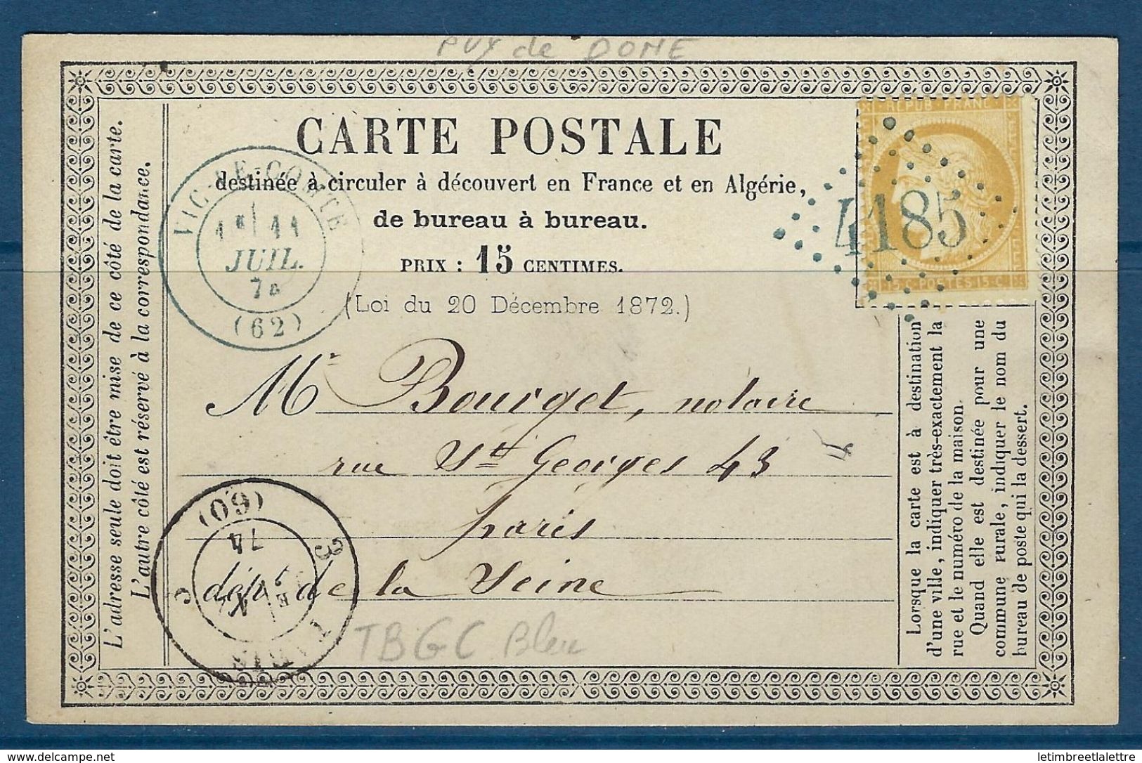 Entier Postal Puy De Dome, TB Avec GC Bleu 4185 - Voorloper Kaarten