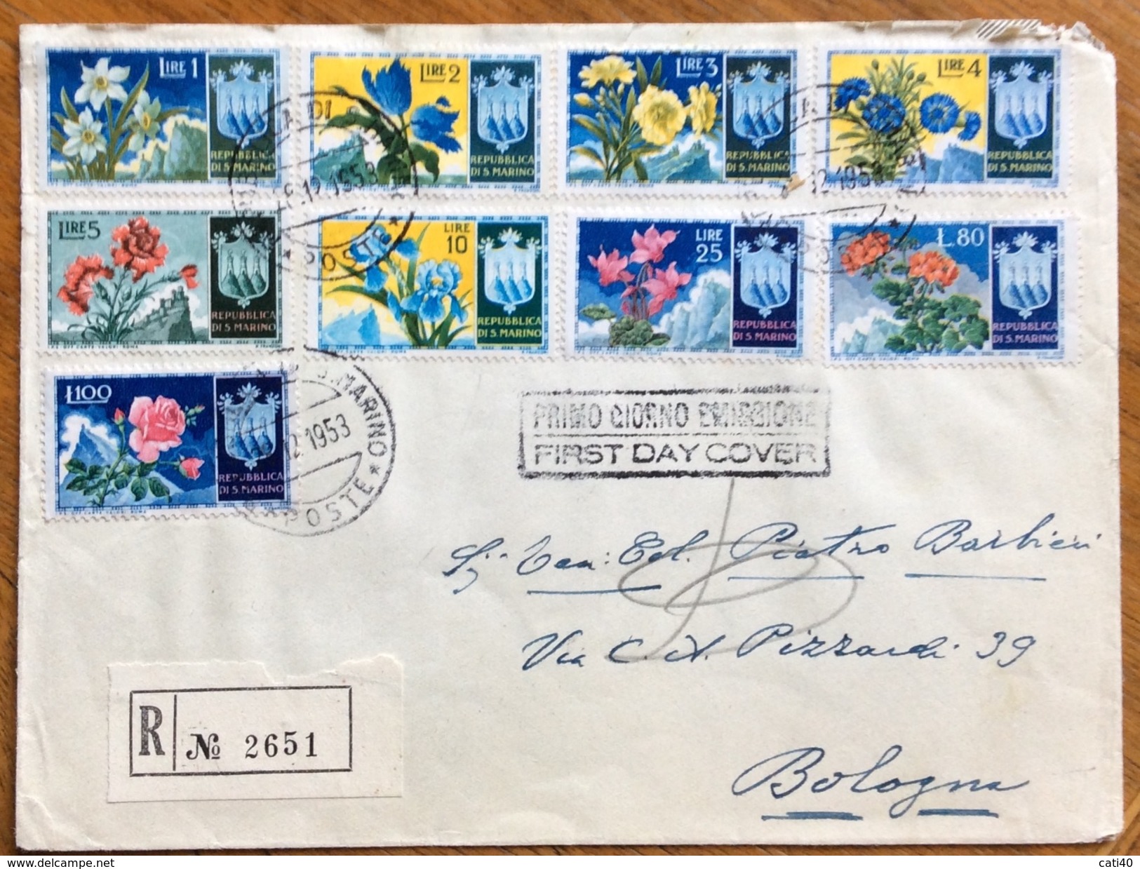 SAN MARINO SERIE FIORI 1953 SU BUSTA RACCOMANDATA REALMENTE VIAGGIATA A BOLOGNA IN DATA 29/12/53 - Storia Postale