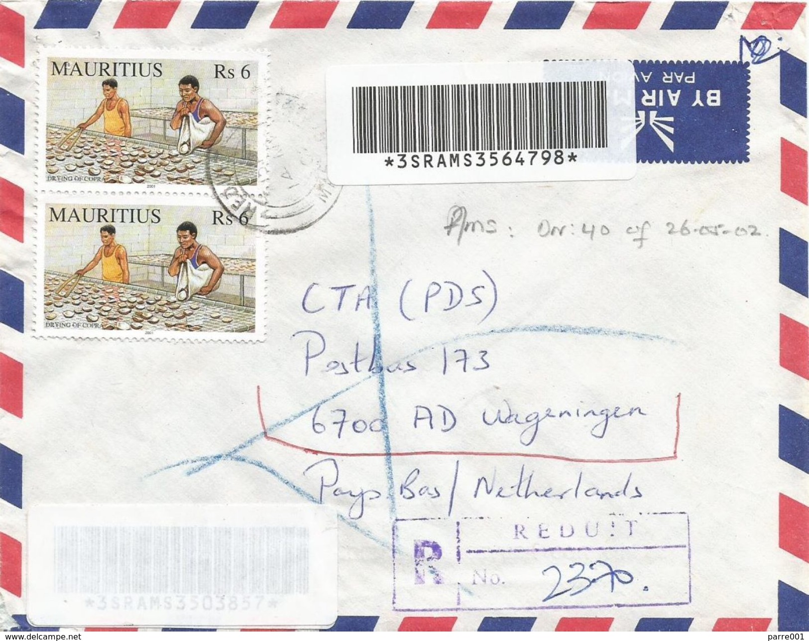 Mauritius 2002 Reduit Copra Coconut Barcoded Registered Cover - Mauritius (1968-...)