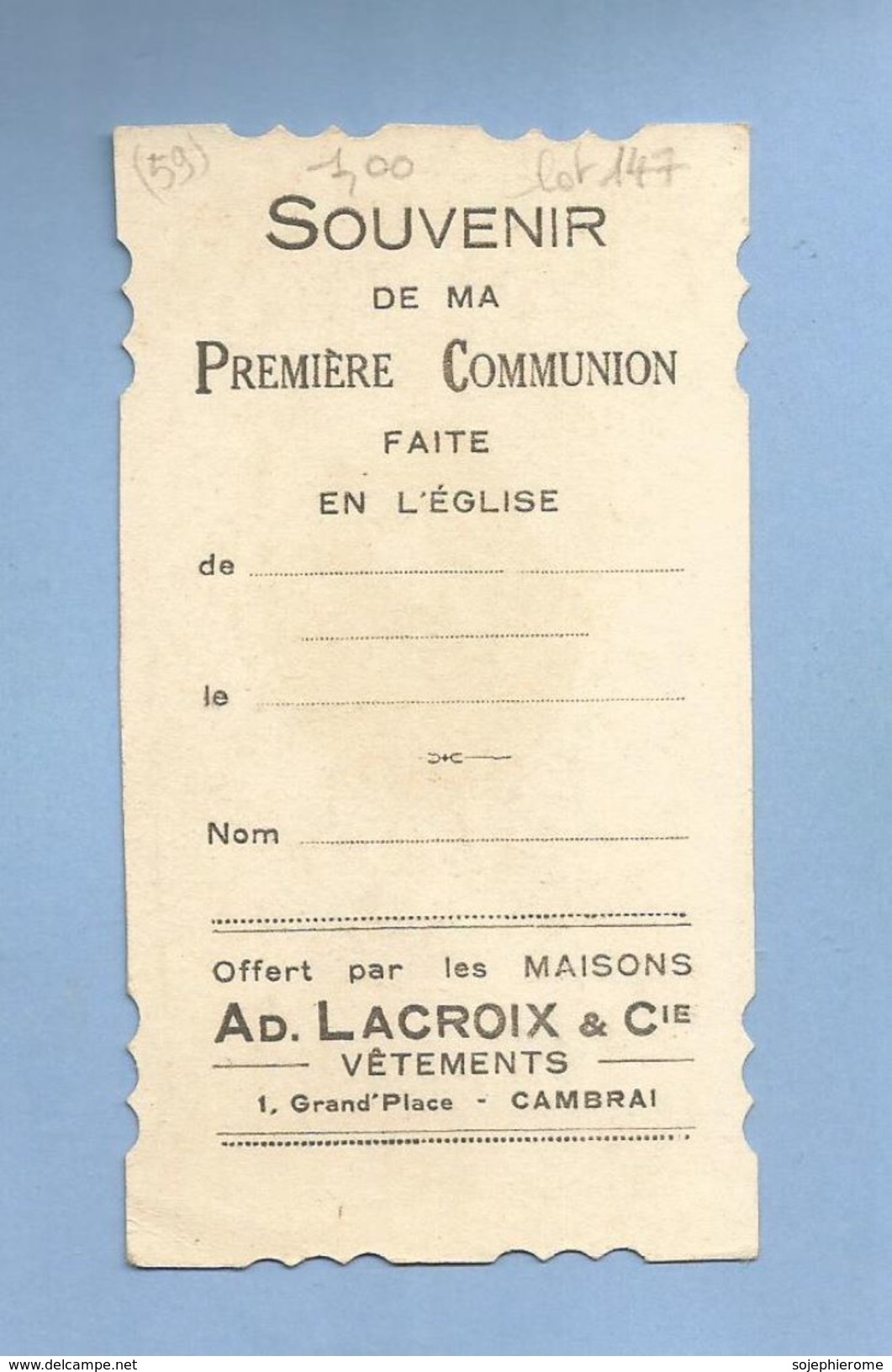 Souvenir De 1ère Communion Cambrai (59) Maisons Ad. Lacroix & Cie Vêtements 1 Grand'Place 2scans - Communion