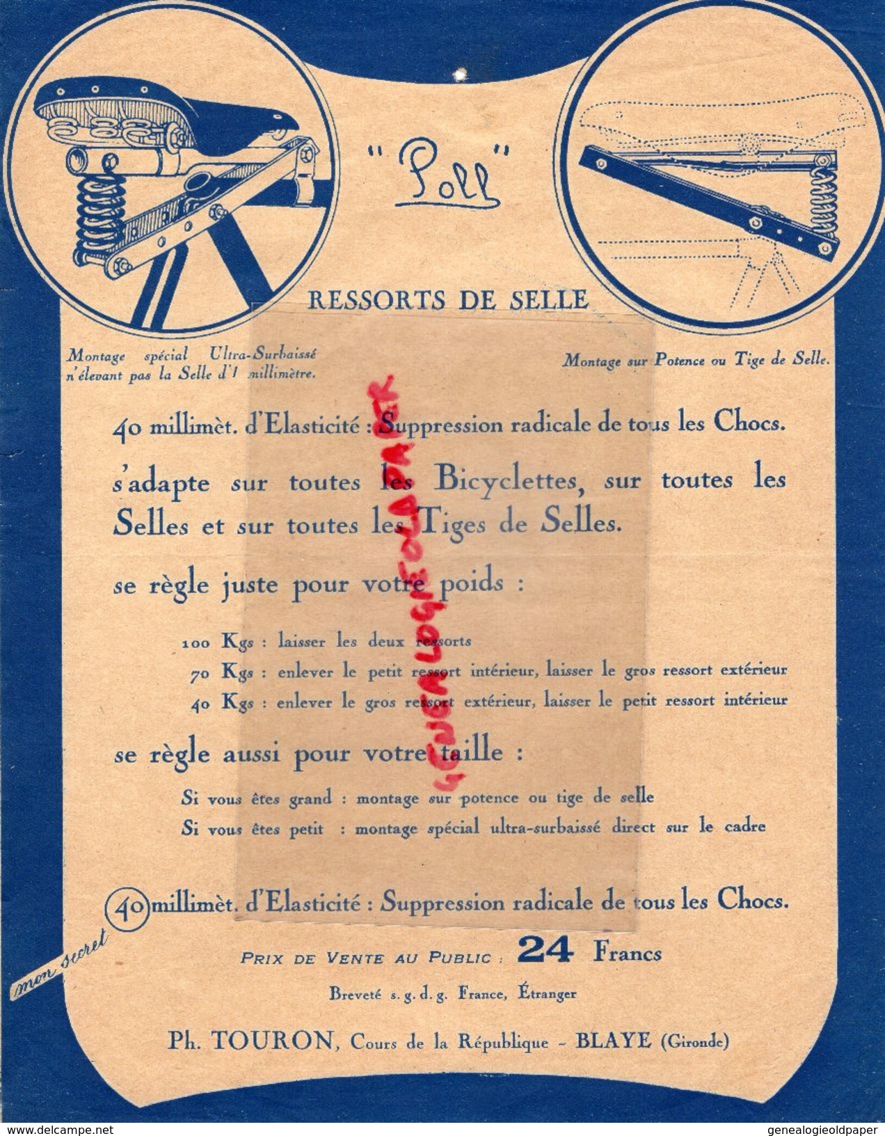 33- BLAYE- BELLE PUBLICITE POLL- RESSORTS DE SELLE- PH. TOURON -COURS DE LA REPUBLIQUE- CYCLISME- VELO- BICYCLETTE - Reclame