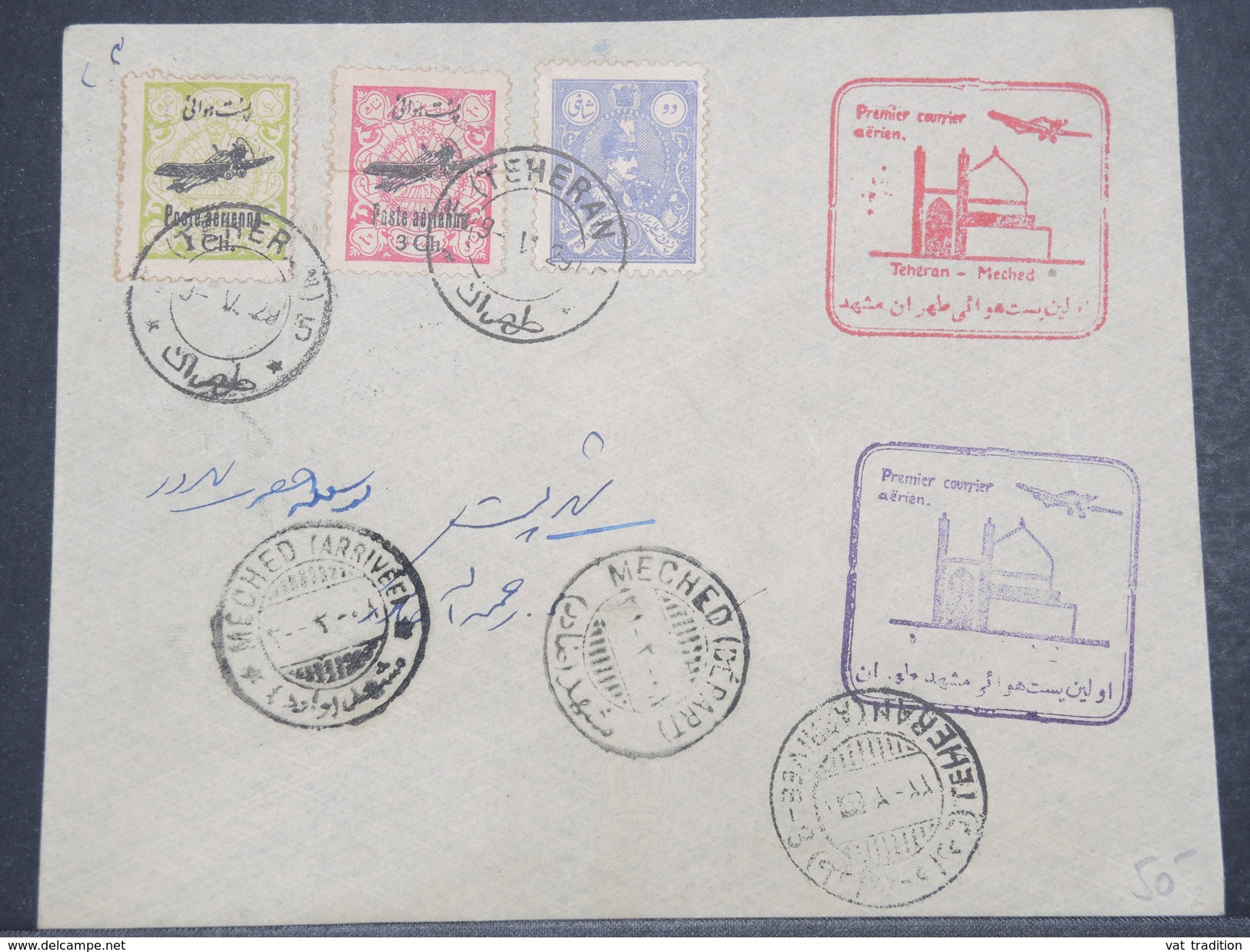 IRAN - Enveloppe 1 Er Vol De Téhéran / Meched En 1929 , Affranchissement Plaisant - L 9876 - Iran