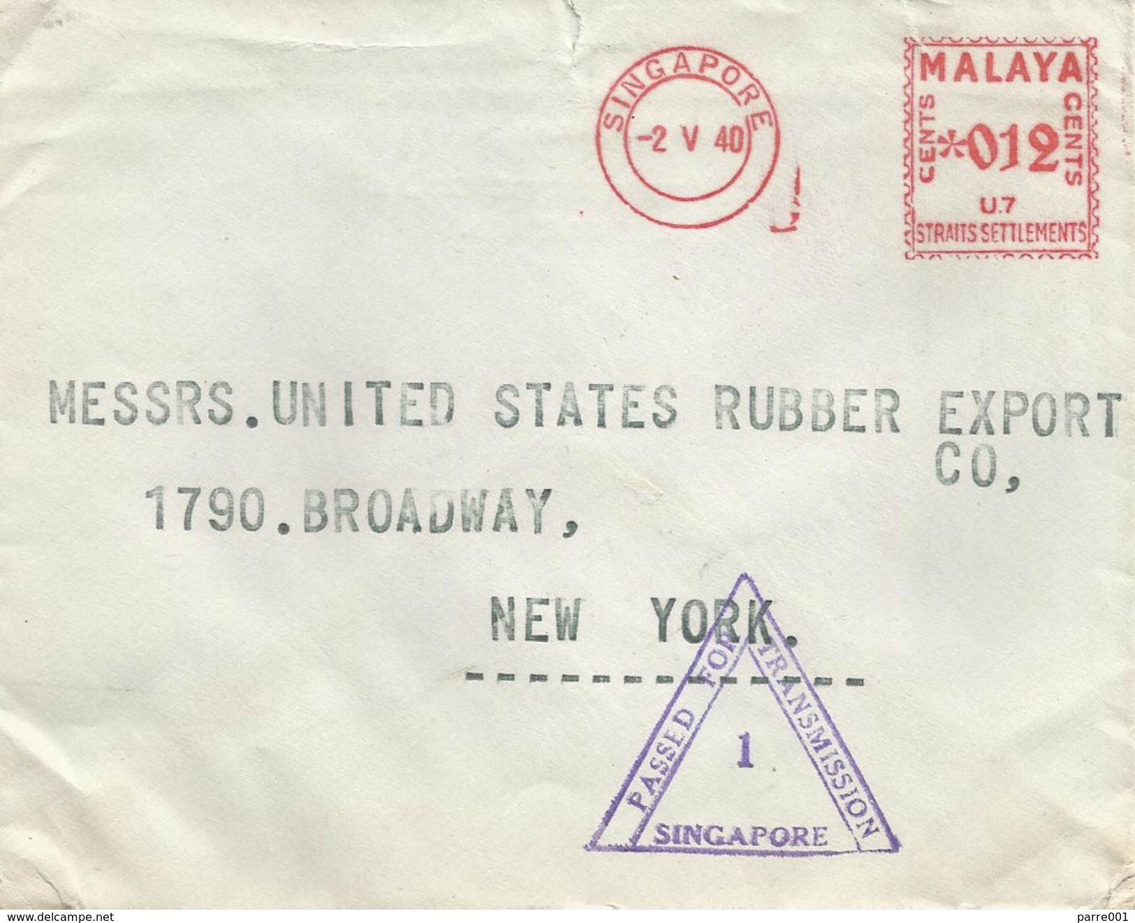 Malaya 1940 Singapore Rubber Meter Franking Universal “Multi-Value” U7 PASSED FOR TRANSMISSION 1 Censored Cover - Singapore (...-1959)