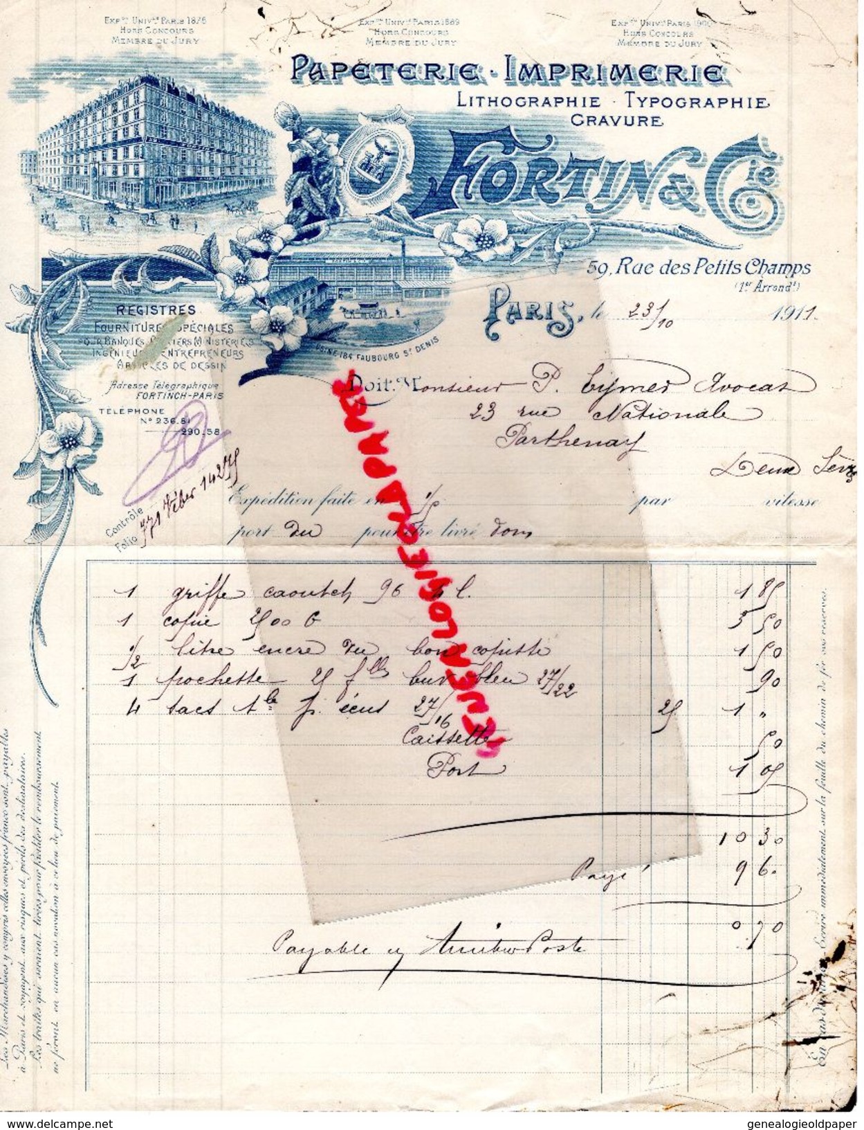 75- PARIS-FACTURE PAPETERIE IMPRIMERIE-LITHOGRAPHIE-GRAVURE- FORTIN & CIE-59 RUE PETITS CHAMPS-1911 - Drukkerij & Papieren