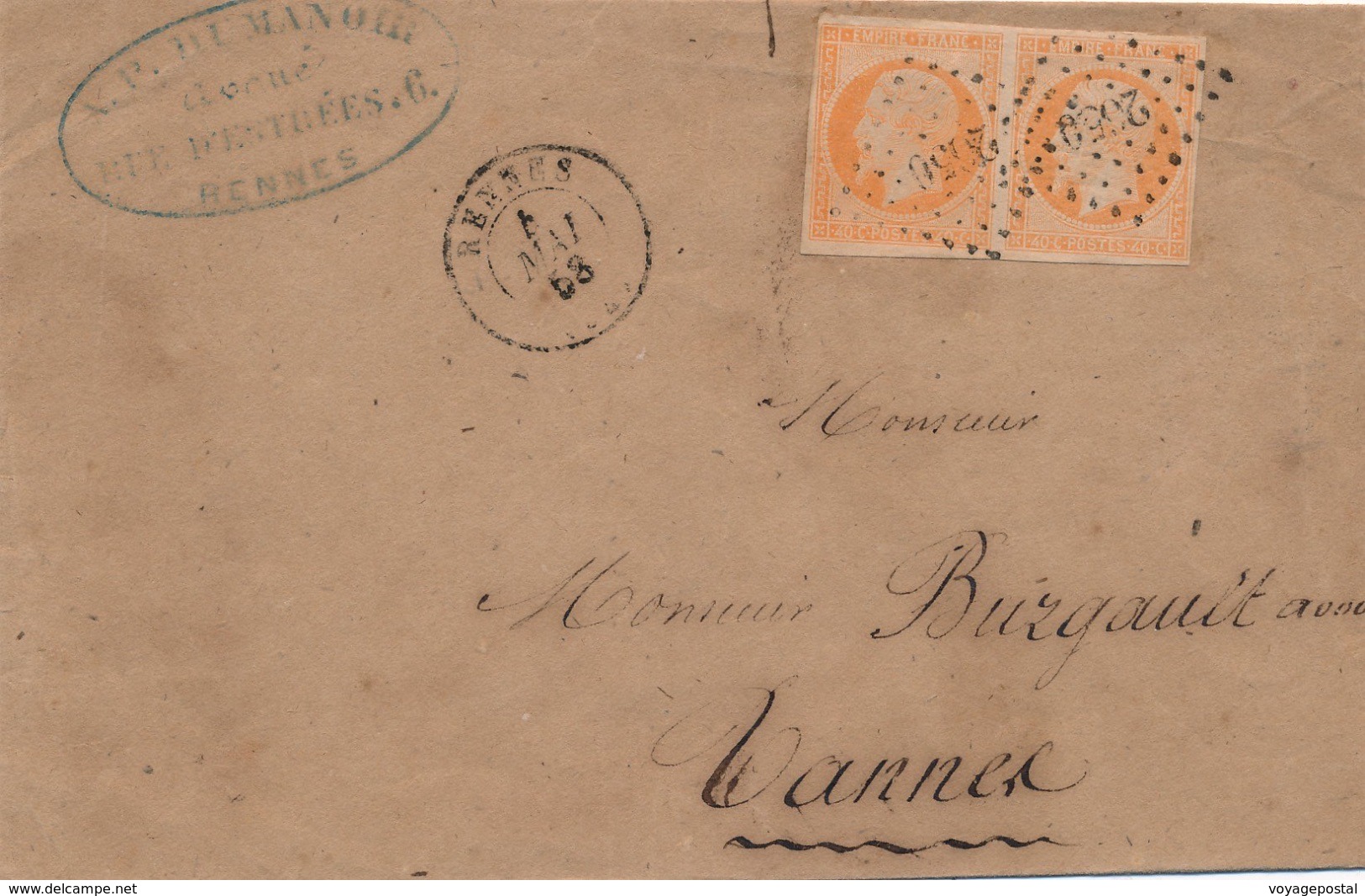 Lettre N°16 Paire CaD Rennes Ille-et-vilaine Pour Vannes 1858 - 1849-1876: Periodo Classico