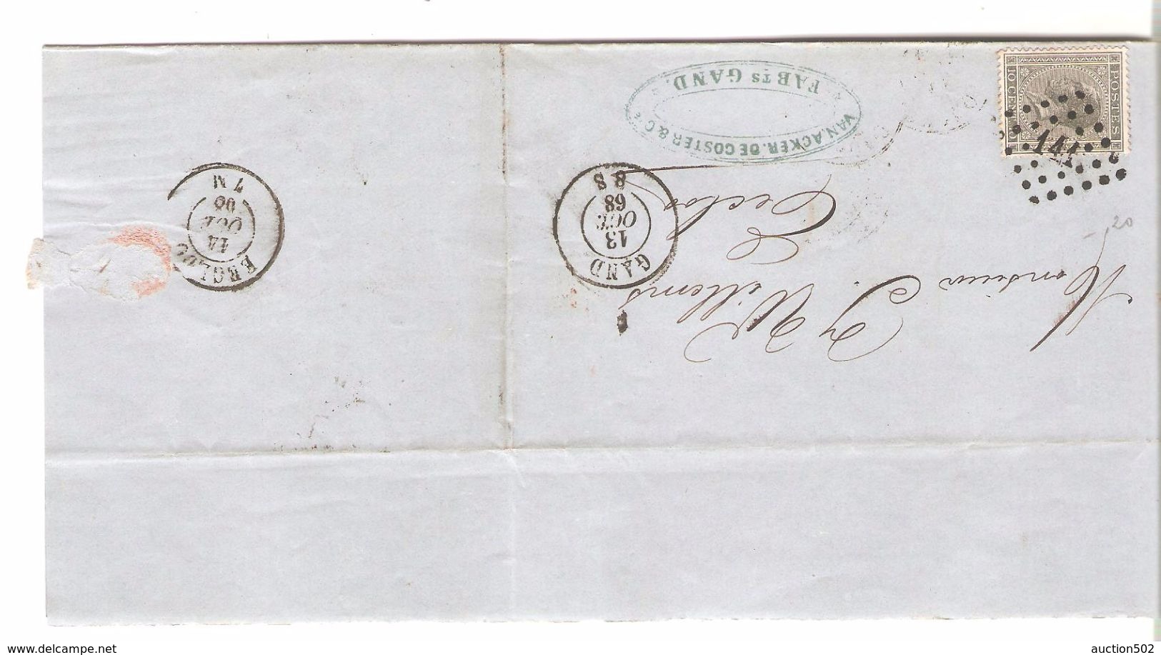 TP 17 S/LAC C.Van Acker-De Coster & Cie Fabts Gent POS 141 C.Gand 13/10/1868 V.Eecloo C.d'arrivée PR4781 - Punktstempel