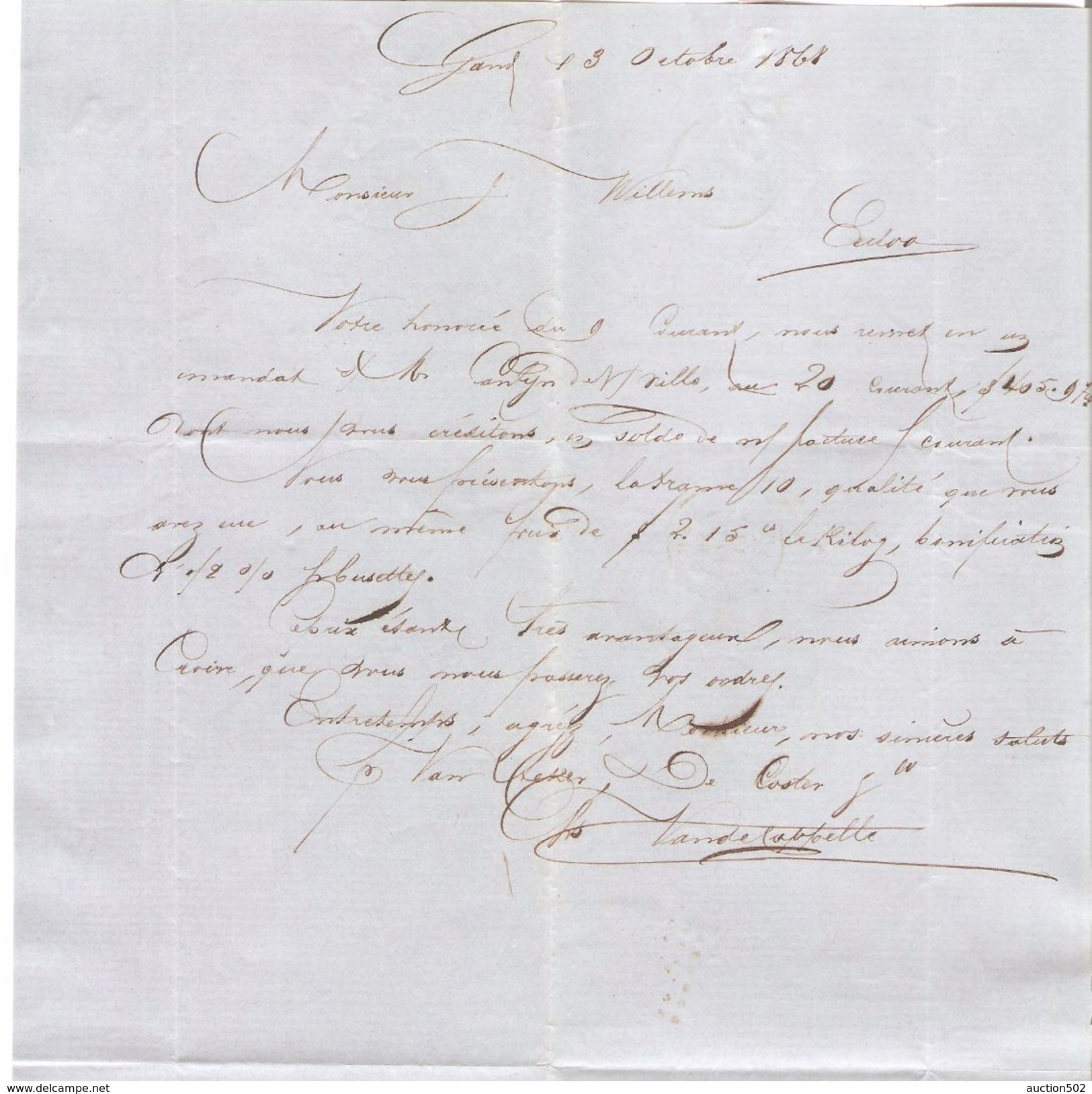 TP 17 S/LAC C.Van Acker-De Coster & Cie Fabts Gent POS 141 C.Gand 13/10/1868 V.Eecloo C.d'arrivée PR4781 - Puntstempels