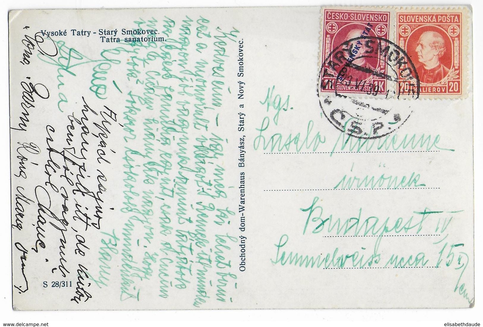 SLOVAQUIE - 1939 - CP De STARY SMOKOVEC Avec TIMBRE SURCHARGE  => BUDAPEST (HONGRIE) - Cartas & Documentos