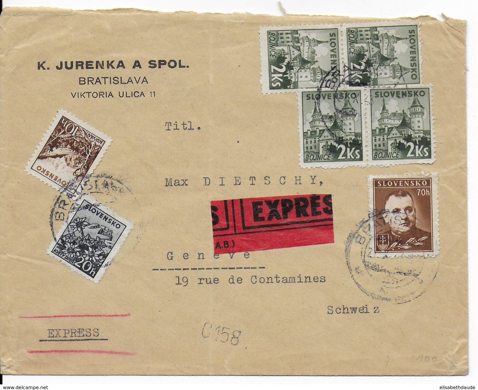 SLOVAQUIE - 1943 - ENVELOPPE EXPRES De BRATISLAVA => GENEVE (SUISSE) - Briefe U. Dokumente