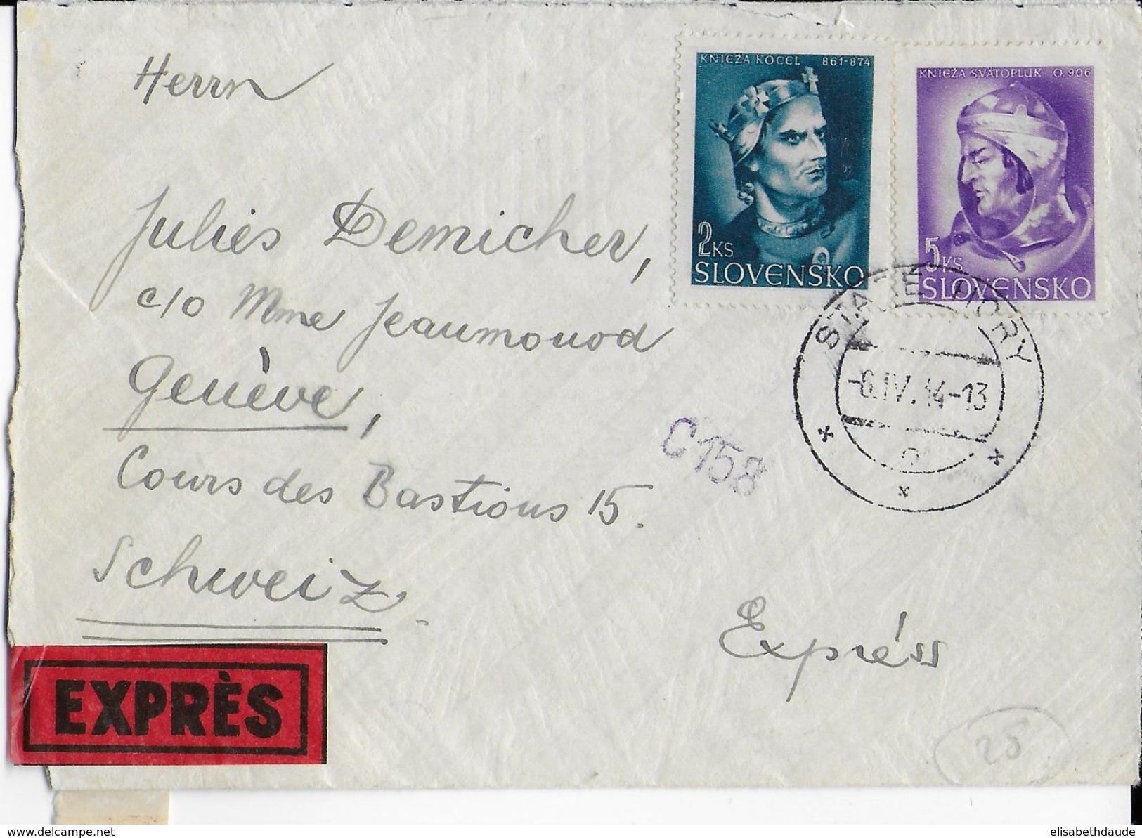 SLOVAQUIE - 1944 - ENVELOPPE EXPRES Avec CENSURE De STARE HORY => GENEVE (SUISSE) - Lettres & Documents