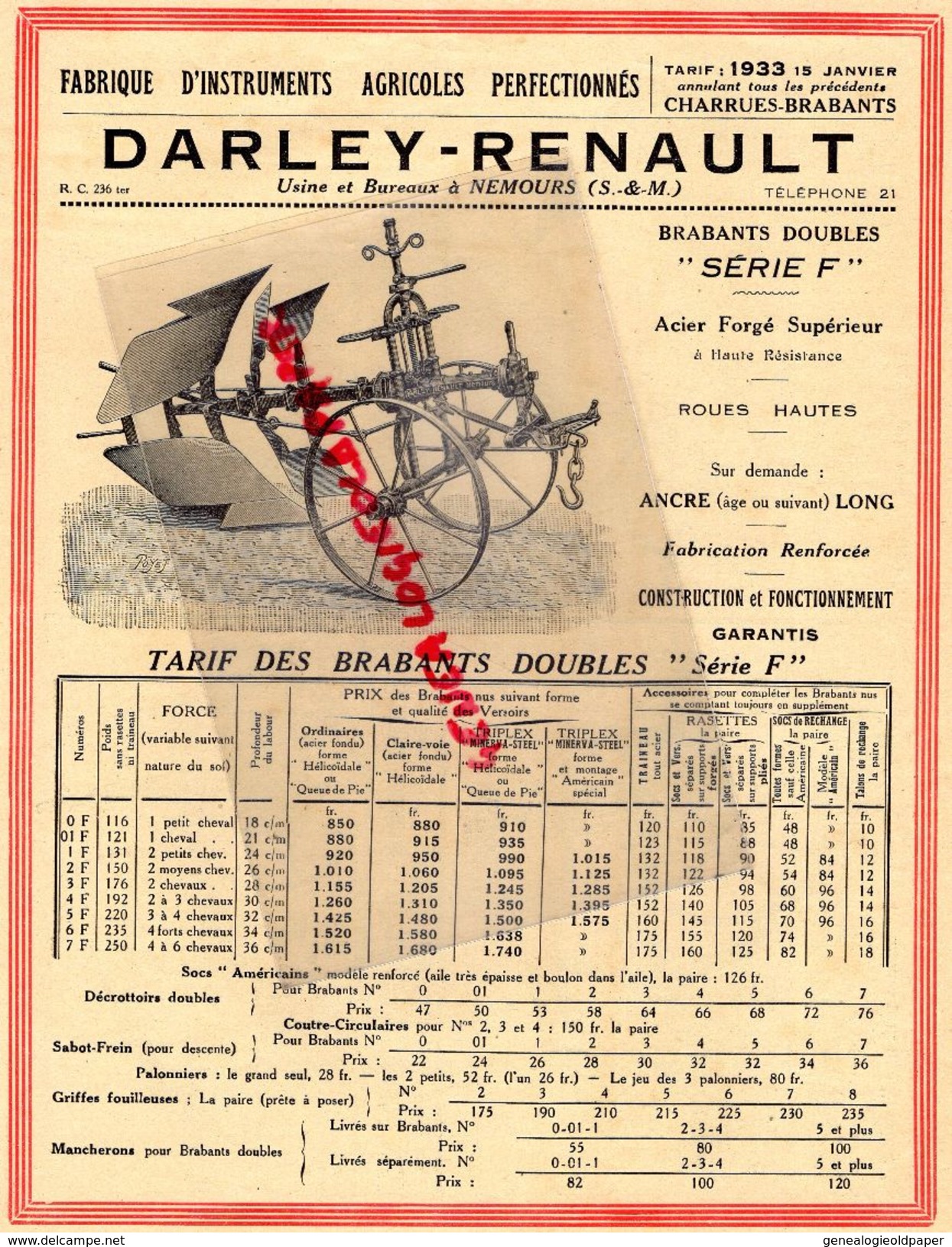 77- NEMOURS- BEAU CATALOGUE TARIFS DARLEY-RENAULT-CHARRUES BRABANTS-AGRICULTURE -BINEUSE-CHARRUE- 1933 - Landwirtschaft