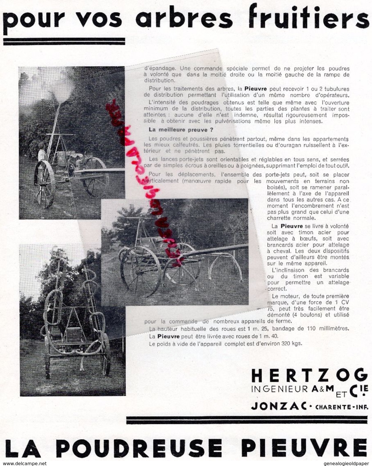 17- JONZAC- PUBLICITE HERTZOG-INGENIEUR -HORTICULTURE POUR ARBRES FRUITIERS-LA POUDREUSE PIEUVRE - Publicidad