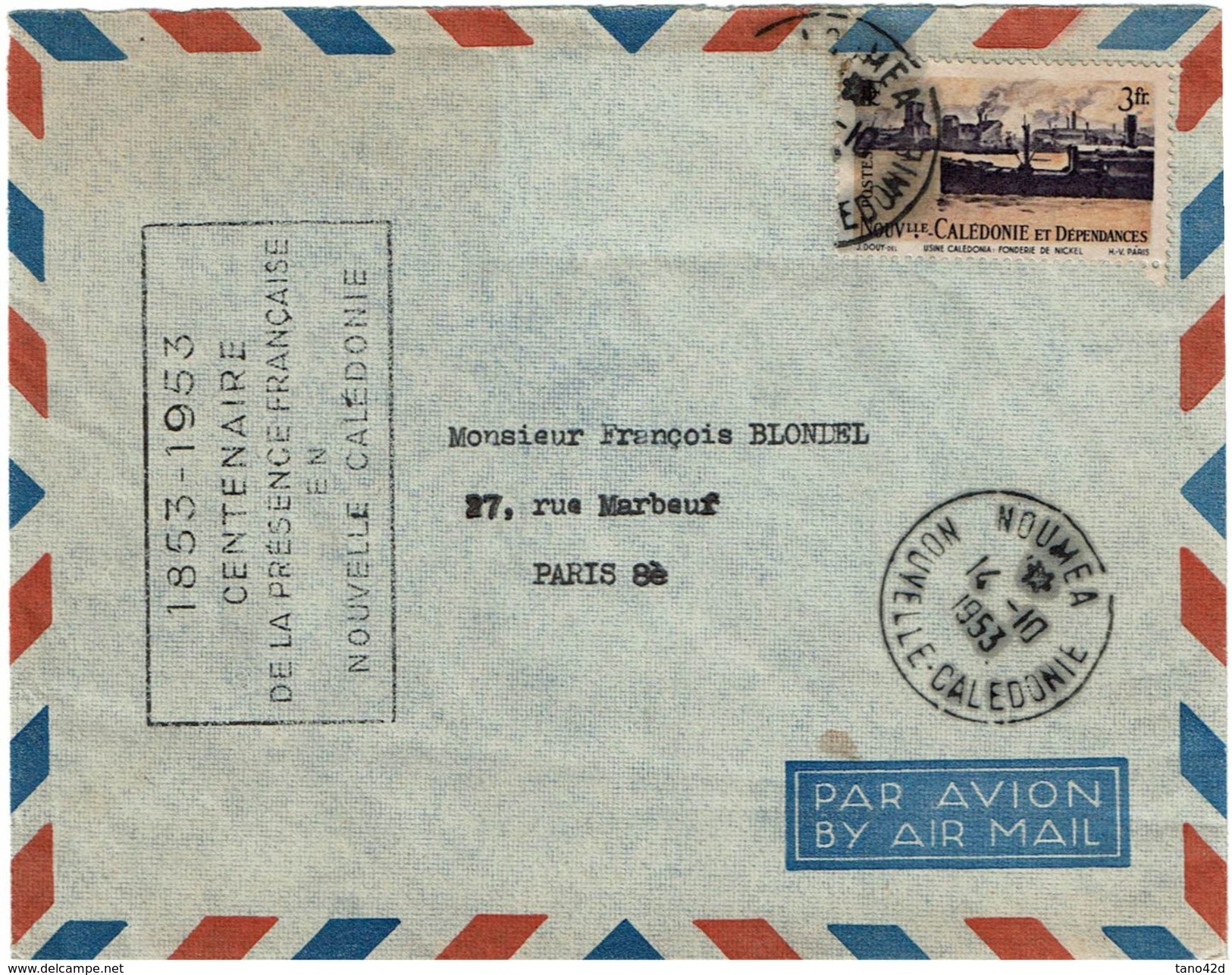 CTN52 - NOUVELLE CALEDONIE LETTRE DU 14/10/1953 TIMBRE ENLEVE - Lettres & Documents