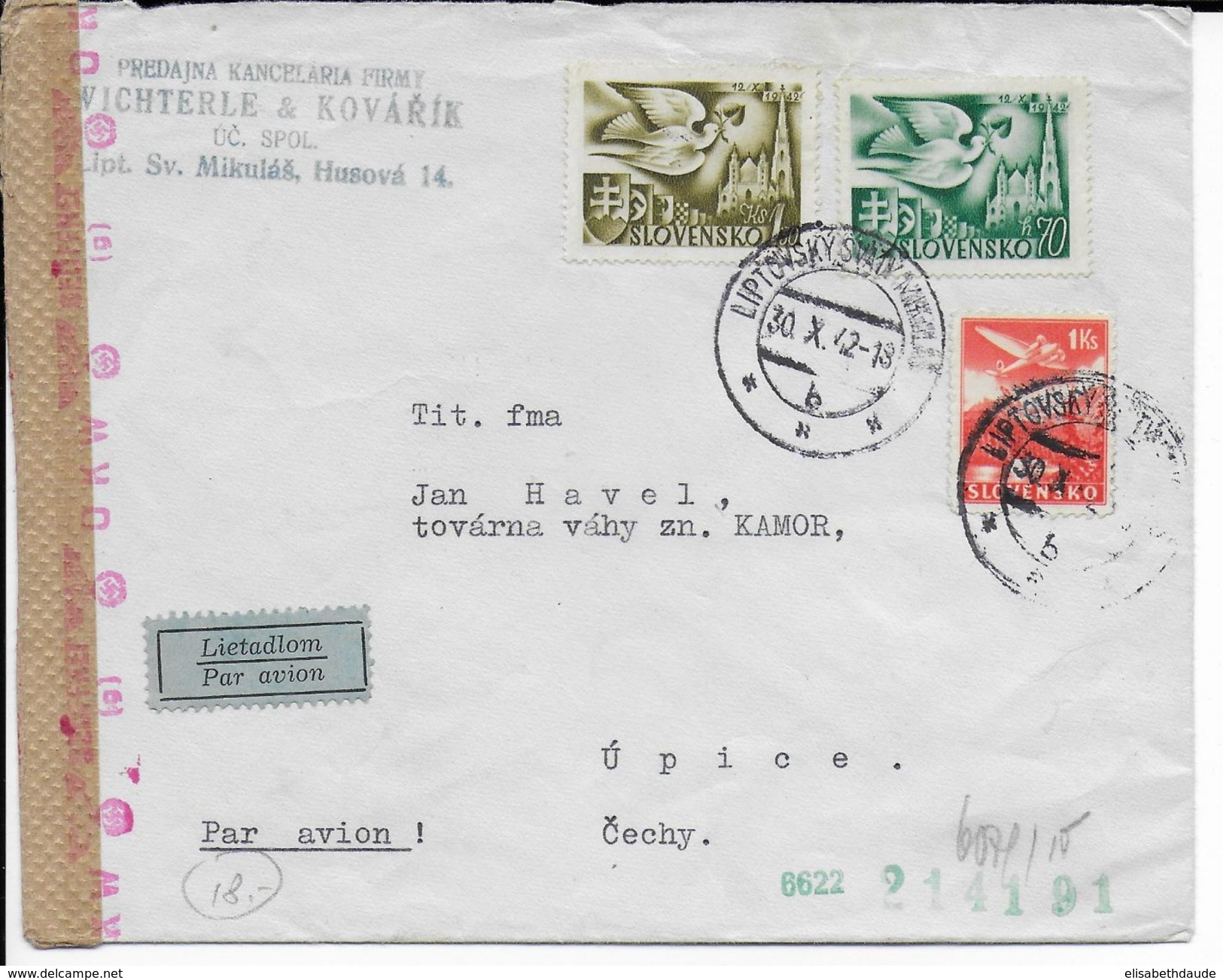SLOVAQUIE - 1942 - ENVELOPPE Par AVION Avec CENSURE De LIPTOVSKYSVATY MIKULAS => UPICE - Lettres & Documents